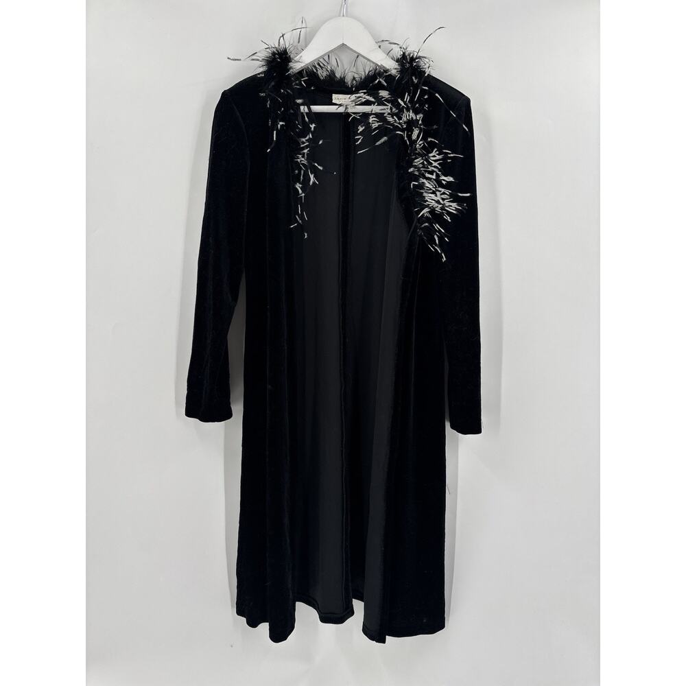 Jackie Jon Vintage Cardigan Sweater Womens Medium Black Velvet Feather Collared